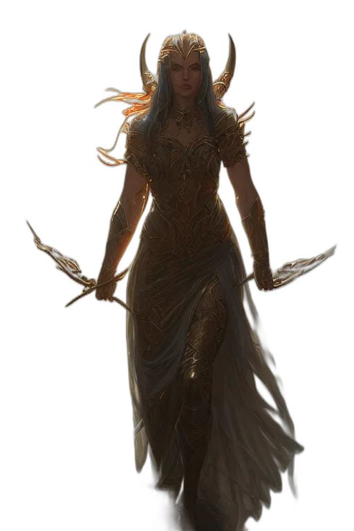 dress, staff, dragon, sword, concept art, fantasy art, comic book art, 3d render transparent PNG cut-out