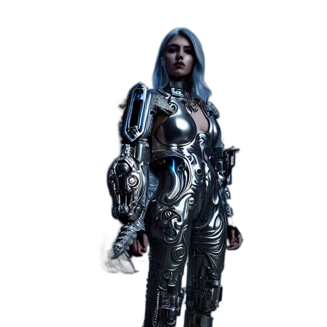 robot, staff, dress, sword, cyberpunk, concept art, fantasy art, 3d render transparent PNG cut-out