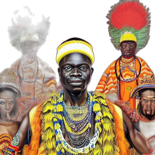 highly, detailed, painting, oba, benin, surrounded, masquerades, fantasy transparent PNG cut-out