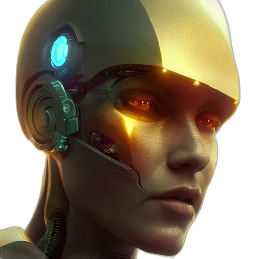 robot, face, cyberpunk, concept art, 3d render, comic book art, neon lights, golden transparent PNG cut-out