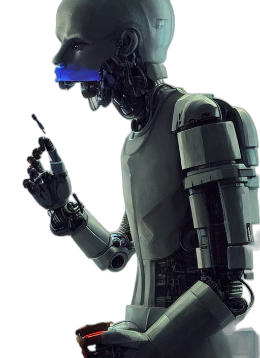 robot, staff, mask, concept art, cyberpunk, 3d render, pixel art, blue transparent PNG cut-out