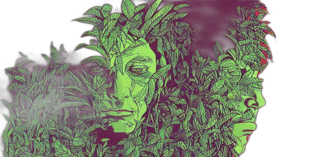 mask, comic book art, concept art, fantasy art, forest, green, risograph, grainy transparent PNG cut-out
