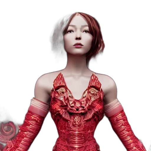 dress, robot, 3d render, concept art, fantasy art, photorealistic, red, princess transparent PNG cut-out