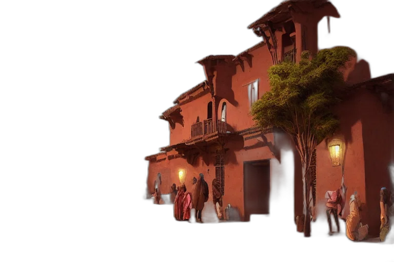 building, umbrella, concept art, 3d render, photorealistic, fantasy art, city street, sunset transparent PNG cut-out