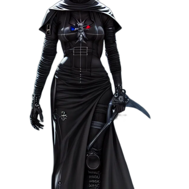 dress, staff, concept art, cyberpunk, fantasy art, 3d render, dark, monochrome transparent PNG cut-out