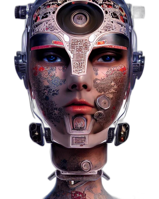 robot, mask, face, jewelry, cyberpunk, concept art, photorealistic, 3d render transparent PNG cut-out