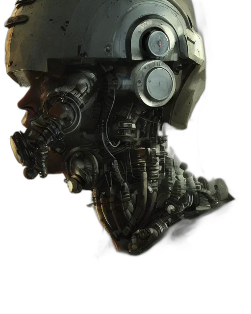 robot, mask, face, weapon, concept art, 3d render, cyberpunk, photorealistic transparent PNG cut-out