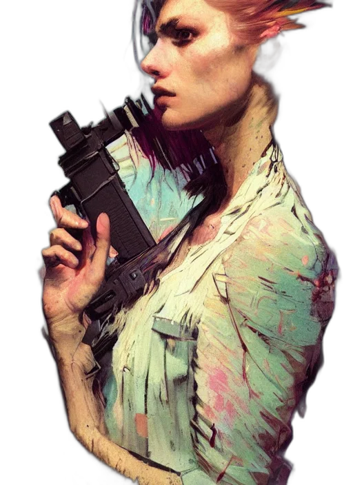 weapon, staff, face, jacket, concept art, pixel art, photorealistic, cyberpunk transparent PNG cut-out