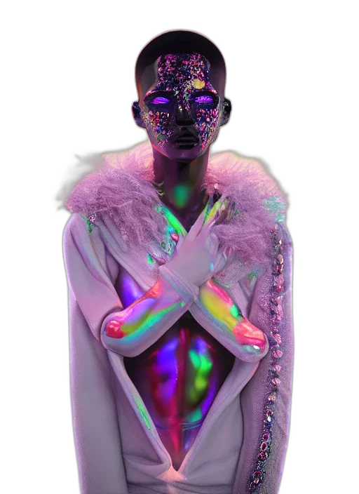 mask, jacket, dress, robot, cyberpunk, vaporwave, 3d render, concept art transparent PNG cut-out