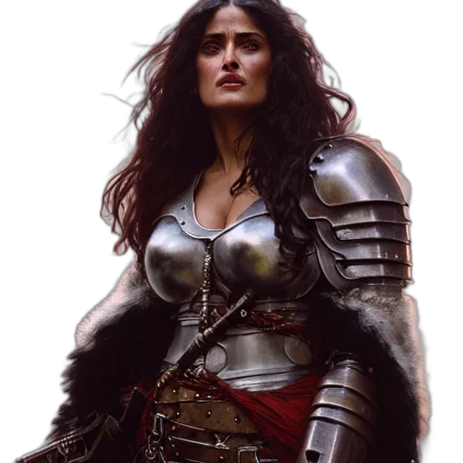 sword, fantasy art, concept art, comic book art, photorealistic, portrait, salma, hayek transparent PNG cut-out