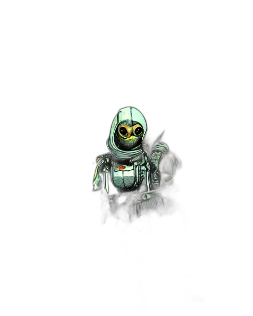 robot, mask, creature, staff, concept art, pixel art, 3d render, fantasy art transparent PNG cut-out