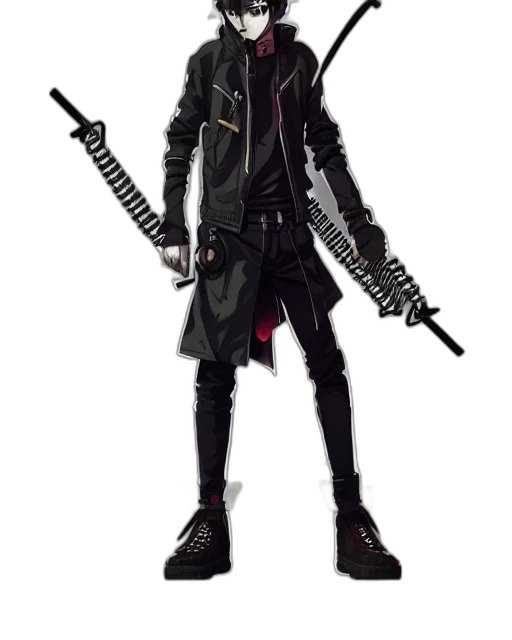 weapon, jacket, staff, concept art, cyberpunk, comic book art, 3d render, concept transparent PNG cut-out