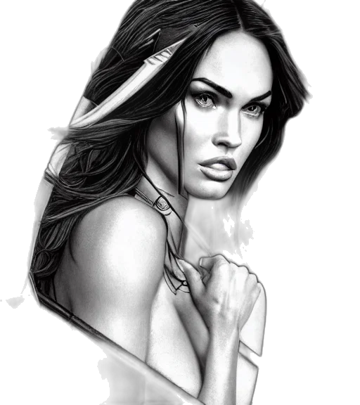 fantasy art, comic book art, pencil sketch, photorealistic, portrait, beautiful, megan, fox transparent PNG cut-out
