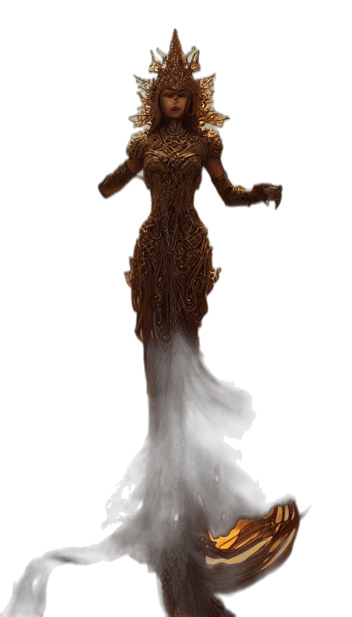 dress, hair, creature, staff transparent PNG cut-out