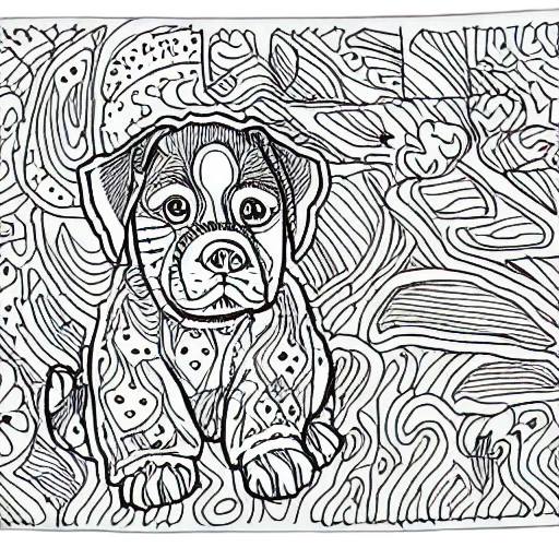 pencil sketch, cartoon, forest, coloring, book, page, puppy, sitting transparent PNG cut-out