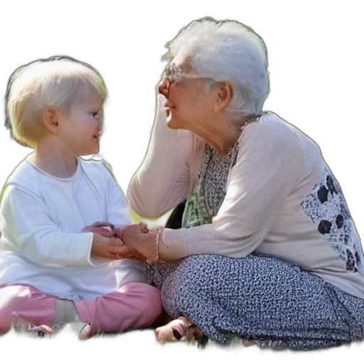 photorealistic, white, elderly, granny, sitting, next, her, year transparent PNG cut-out