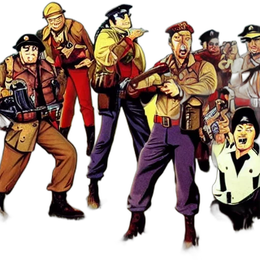 comic book art, concept art, cartoon, pixel art, red, scene, hogan, heroes transparent PNG cut-out