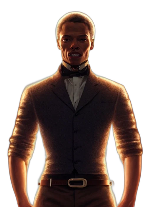 jacket, staff, face, concept art, comic book art, cartoon, 3d render, golden transparent PNG cut-out