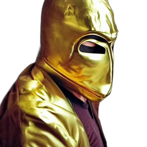 mask, jacket, face, robot, comic book art, concept art, golden, big transparent PNG cut-out