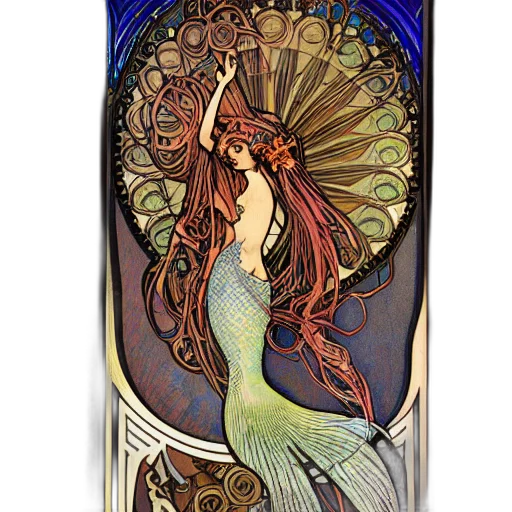fantasy art, concept art, watercolor, cartoon, underwater, mermaid, alphonse, mucha transparent PNG cut-out