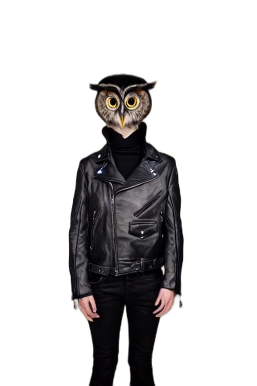 jacket, mask, animal, cyberpunk, concept art, front, owl, wearing transparent PNG cut-out