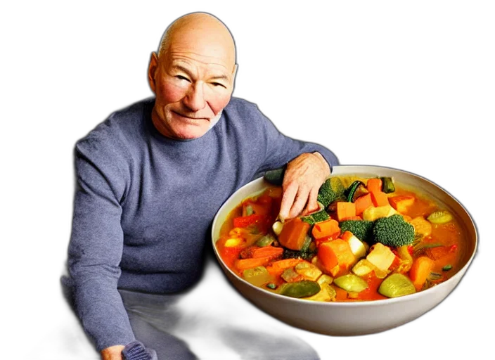 food, patrick, stewart, sitting, big, bowl, vegetable, stew transparent PNG cut-out