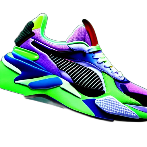 shoes, 3d render, vaporwave, cyberpunk, photorealistic, neon, puma, sneakers transparent PNG cut-out