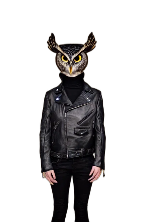jacket, mask, animal, creature, cyberpunk, concept art, front, owl transparent PNG cut-out