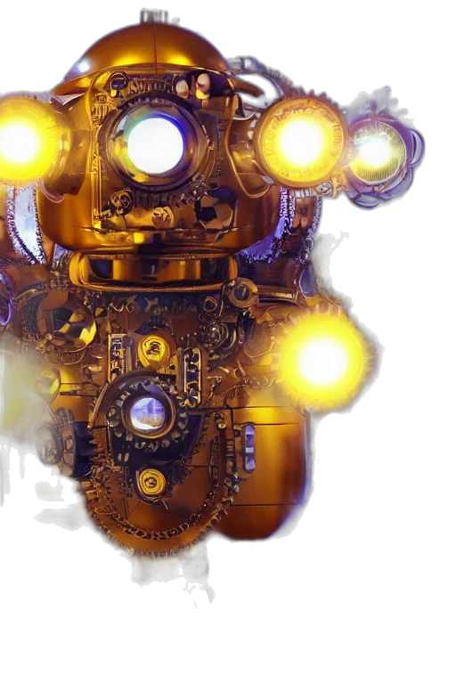 robot, weapon, mask, face, concept art, 3d render, cyberpunk, golden transparent PNG cut-out