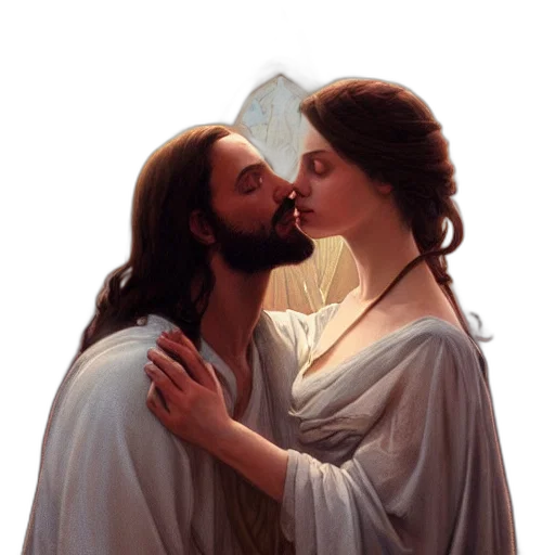 photorealistic, oil painting, concept art, snow, jesus, kissing, maria, maddalena transparent PNG cut-out