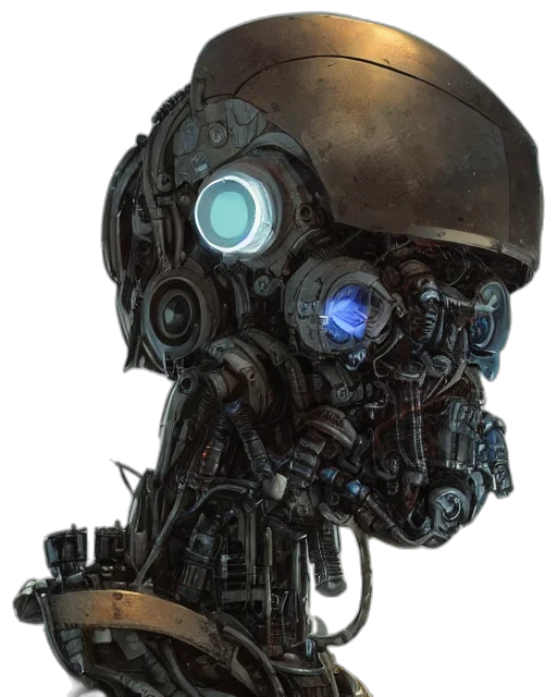 robot, mask, face, weapon, concept art, cyberpunk, comic book art, 3d render transparent PNG cut-out