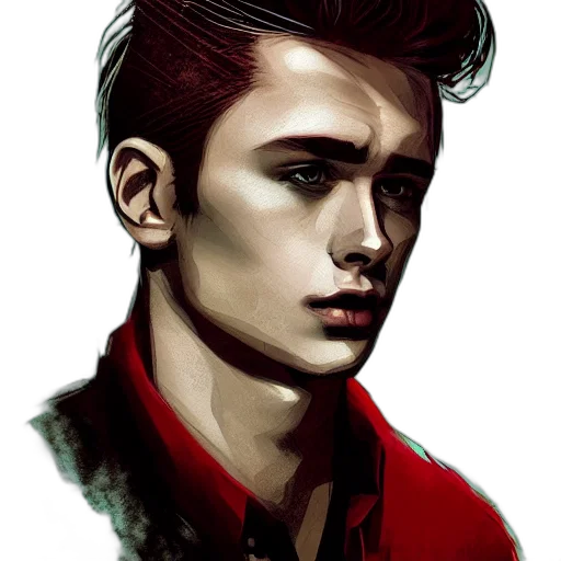 face, jacket, photorealistic, comic book art, fantasy art, concept art, red, dark transparent PNG cut-out