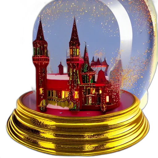 crown, 3d render, snowglobe, golden, red, rocococastle, unicorns, snow transparent PNG cut-out