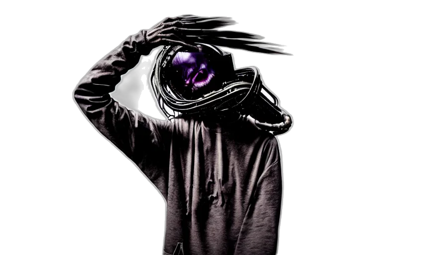 mask, jacket, creature, hair, cyberpunk, concept art, photorealistic, 3d render transparent PNG cut-out