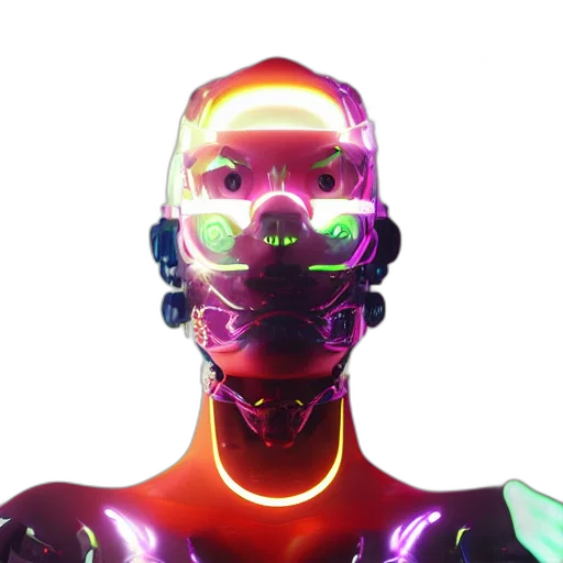 robot, mask, face, cyberpunk, 3d render, concept art, vaporwave, neon lights transparent PNG cut-out