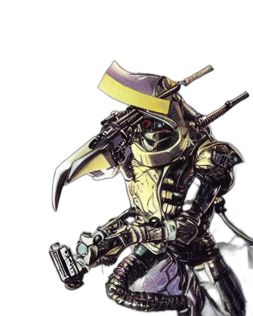 robot, weapon, staff, mask, concept art, cyberpunk, fantasy art, watercolor transparent PNG cut-out