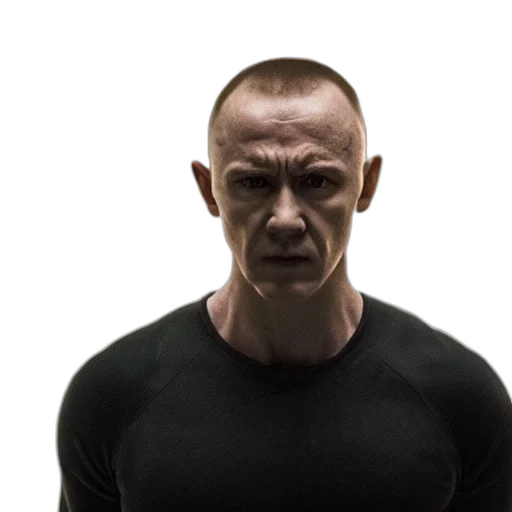 face, mask, robot, jacket, concept art, film, still, split transparent PNG cut-out