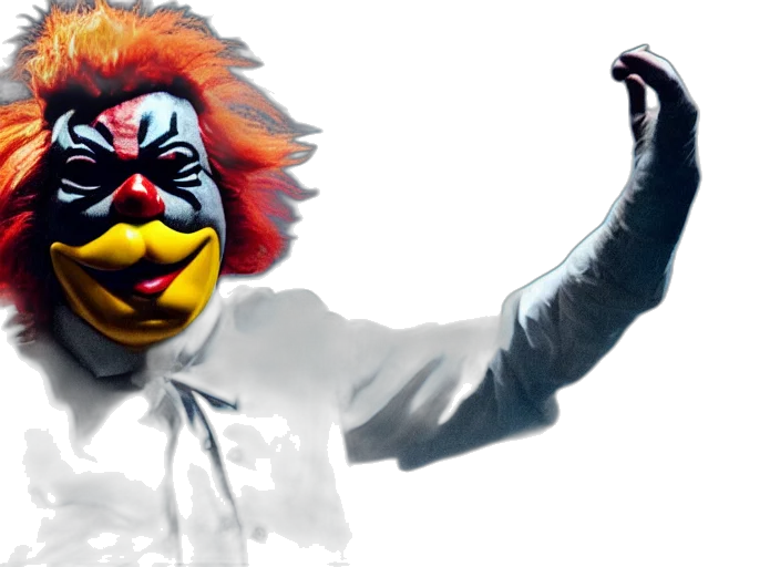 photorealistic, concept art, publicity, photo, still, ronald, mcdonald, wearing transparent PNG cut-out