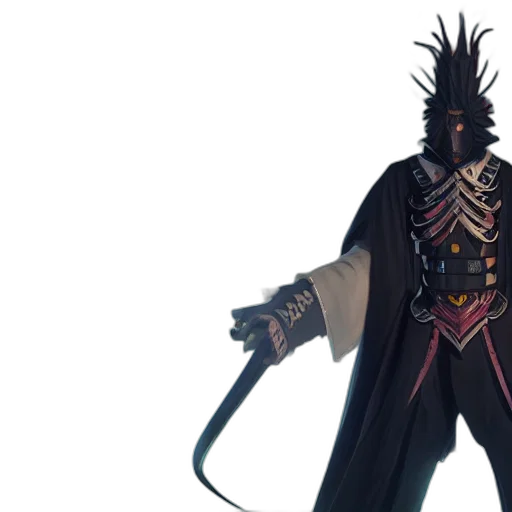 staff, sword, jacket, weapon, concept art, 3d render, fantasy art, dark transparent PNG cut-out