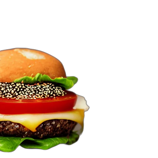 food, animal, 3d render, photorealistic, pixel art, cheeseburger, tomato, lettuce transparent PNG cut-out