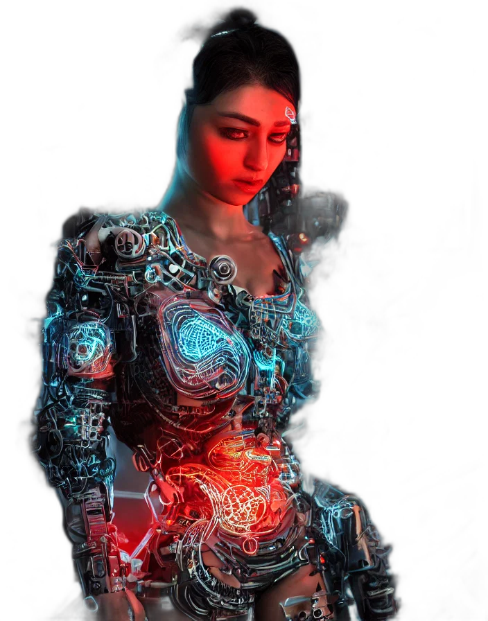 robot, dress, cyberpunk, concept art, fantasy art, 3d render, neon lights, outer space transparent PNG cut-out