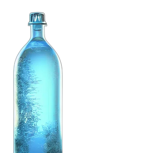 bottle, 3d render, photorealistic, concept art, vaporwave, underwater, blue, water transparent PNG cut-out