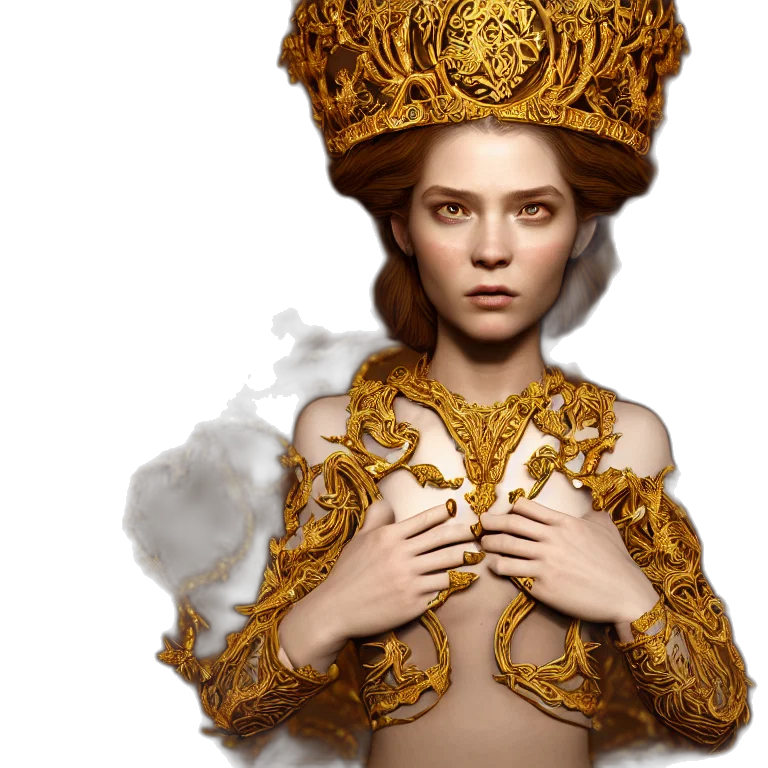 crown, dress, jewelry, fantasy art, concept art, photorealistic, 3d render, golden transparent PNG cut-out