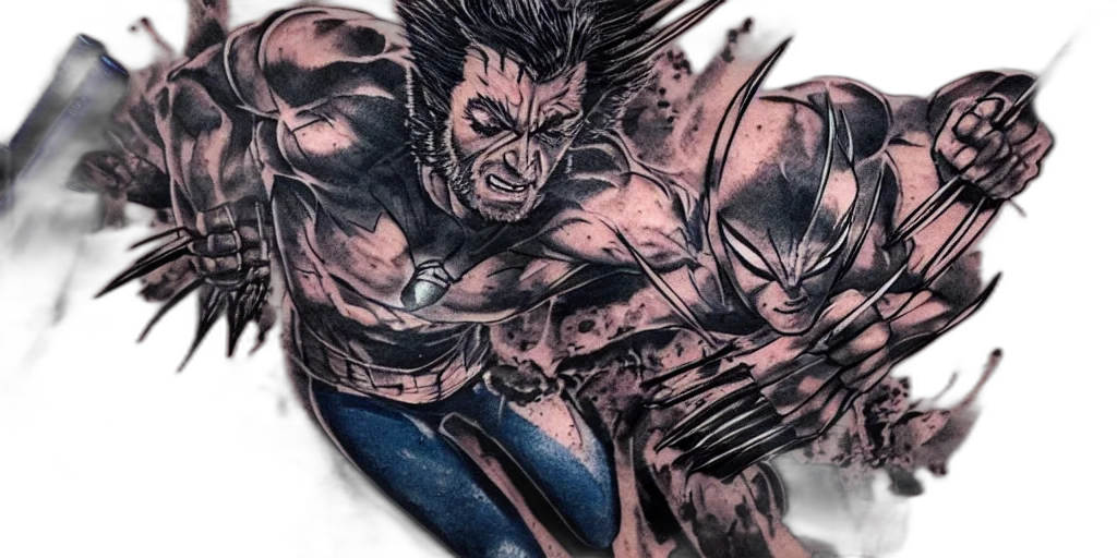 comic book art, concept art, photorealistic, fantasy art, wolverine, fighting, spiderman, tattoo transparent PNG cut-out