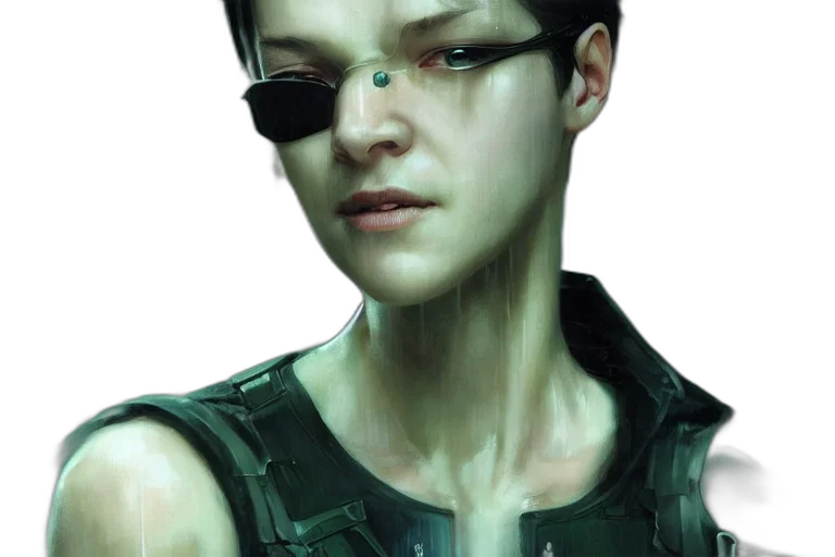 face, jacket, cyberpunk, photorealistic, concept art, comic book art, green, dark transparent PNG cut-out