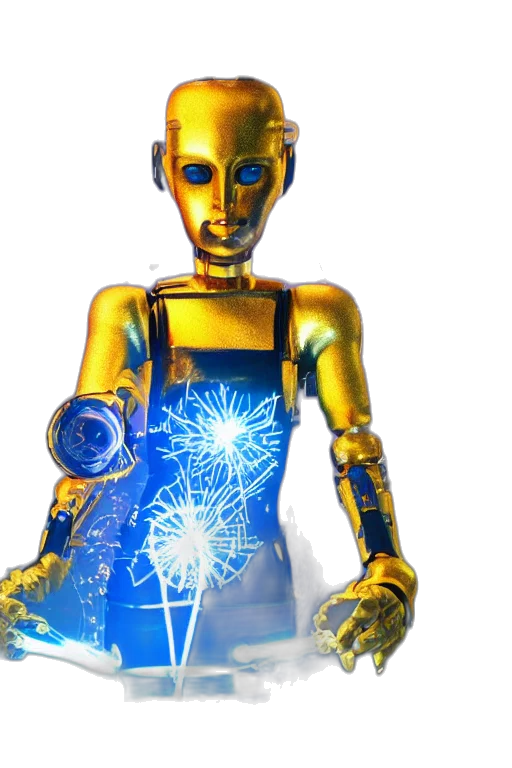 robot, staff, 3d render, concept art, cyberpunk, golden, portrait, photo transparent PNG cut-out