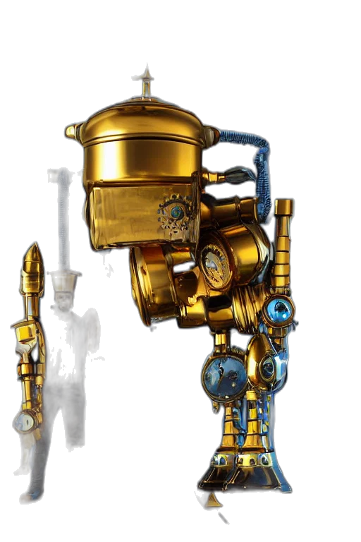 robot, weapon, staff, jewelry, concept art, fantasy art, 3d render, golden transparent PNG cut-out