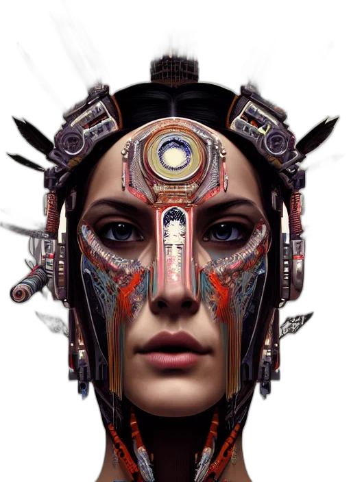robot, face, jewelry, mask, cyberpunk, concept art, fantasy art, photorealistic transparent PNG cut-out