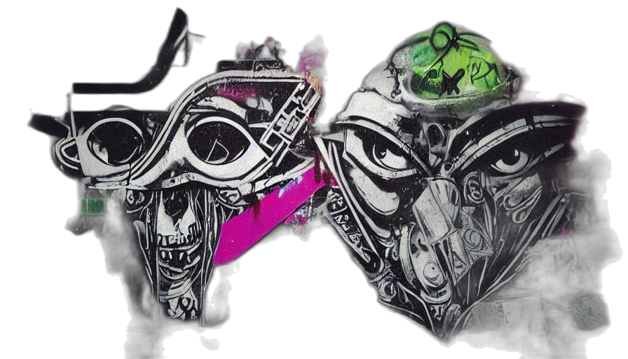 mask, concept art, comic book art, cyberpunk, photorealistic, neon, monochrome, grunge transparent PNG cut-out