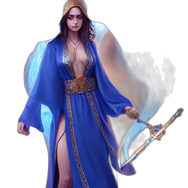 staff, dress, sword, fantasy art, concept art, pixel art, photorealistic, blue transparent PNG cut-out
